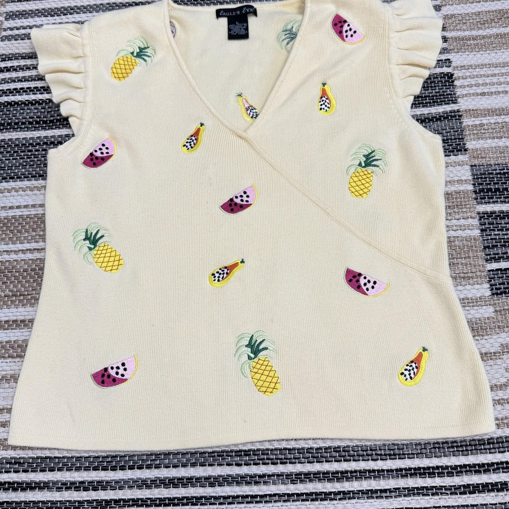 Eagle's Eye Women's Large Fruit Embroidered Yellow Summer Top Pullover Novelty